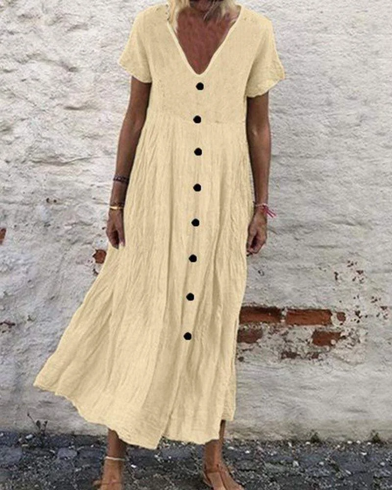 Cotton Linen V-neck Button Vintage Dress