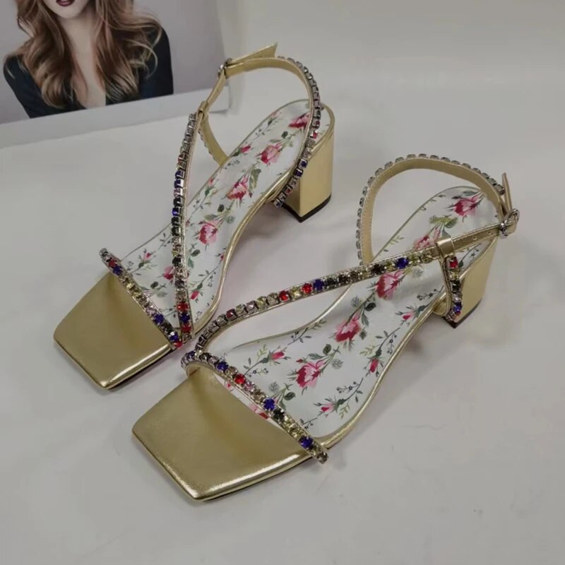 Silver Rhinestone Sandals Woman Open Toe Ankle Strap High Heels Pumps Lady Party Shoes