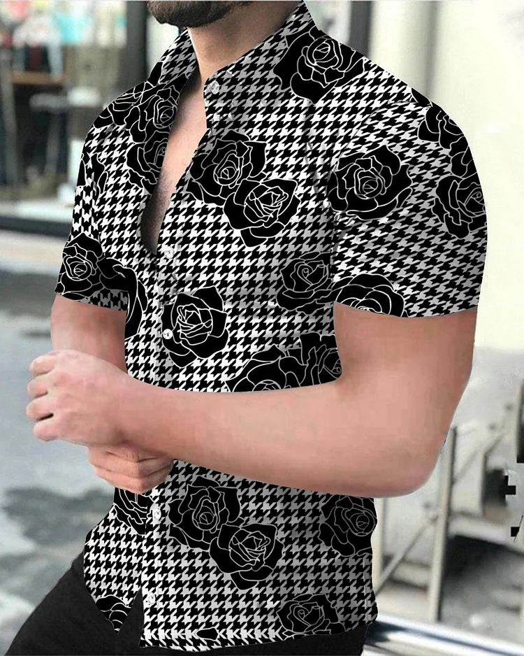 Unique Casual Black Rose Print Men's Shirt at Hiphopee