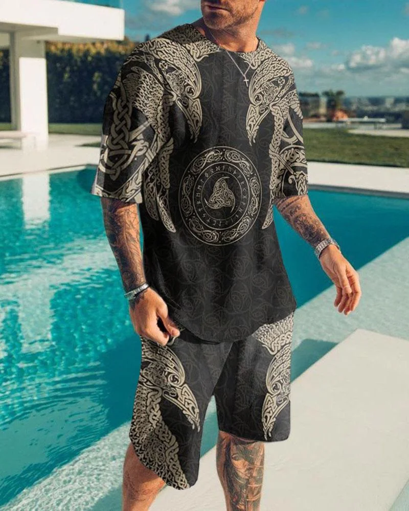 Men's Fashion Black Abstract Printed Shorts Suit