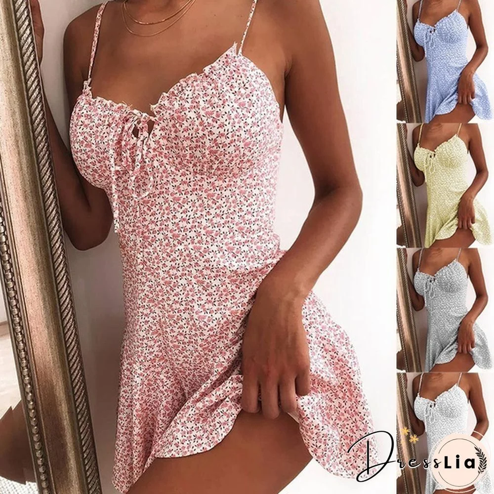 Women's Summer Fashion Spaghetti Strap Floral Print Tie Front Mini Dress Sexy Dress