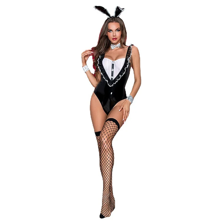 Black Imitation Patent Leather Rabbit Girl Clothes Erotic Uniform