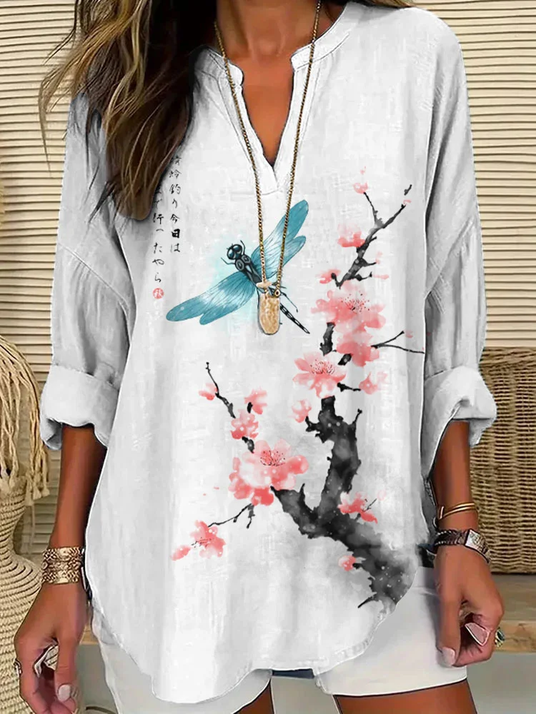 Women's Casual Watercolor Dragonfly Cotton Blend Print T-shirt