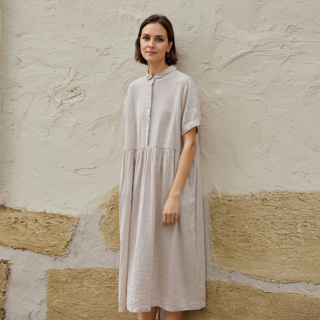100% Linen Dress with Short Sleeves and A Baby Doll Collar REAL SILK LIFE
