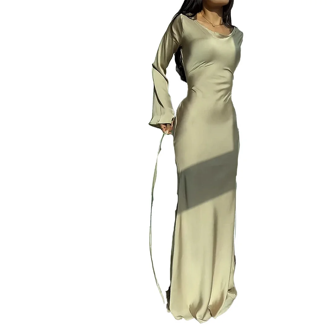 Uveng Uveng New Women's Wear Elegant Sexy Waist Round Collar Long Sleeves Slim Winter Dress