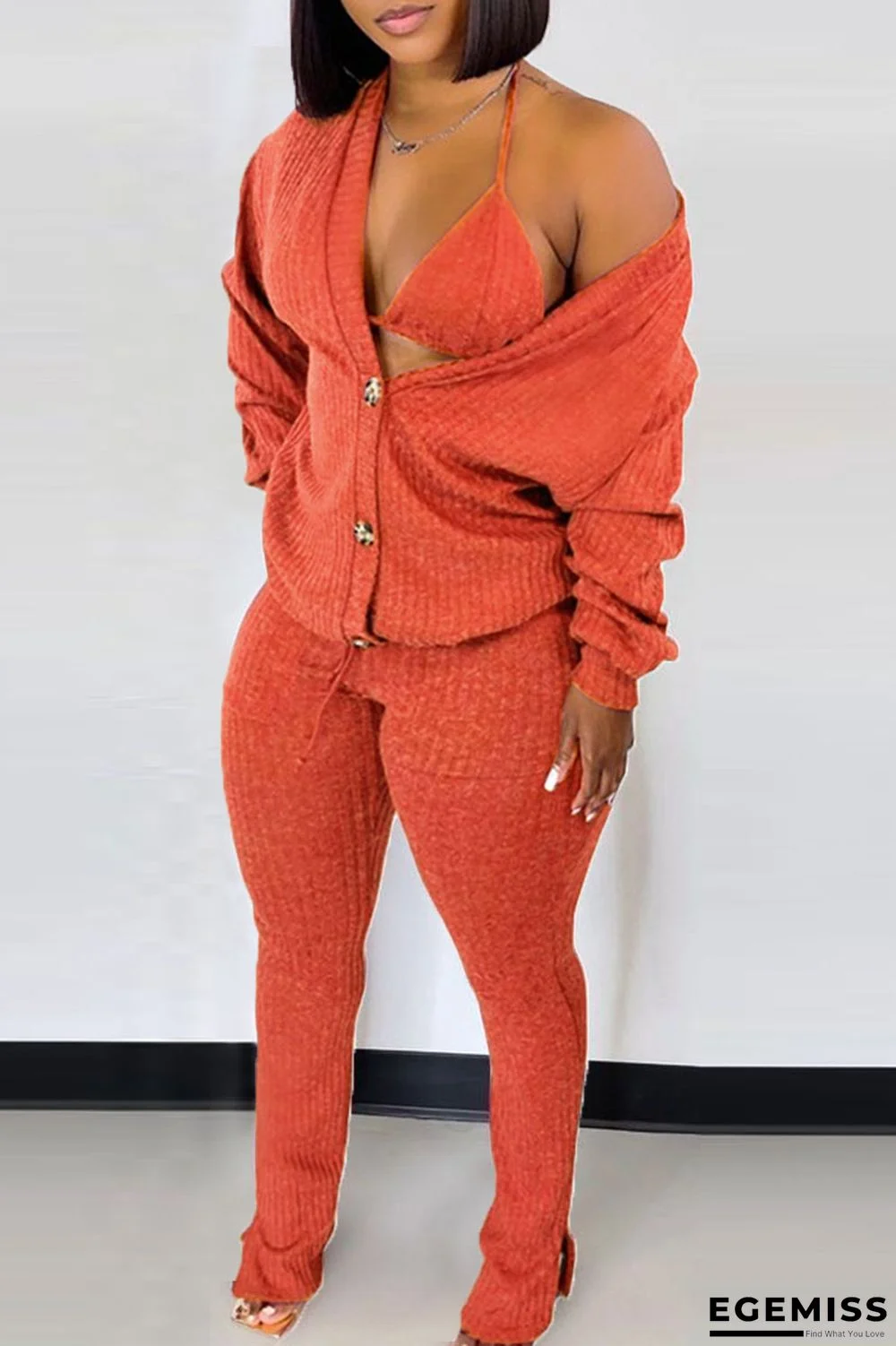 Tangerine Red Casual Solid Patchwork Buckle Slit V Neck Long Sleeve Two Pieces | EGEMISS