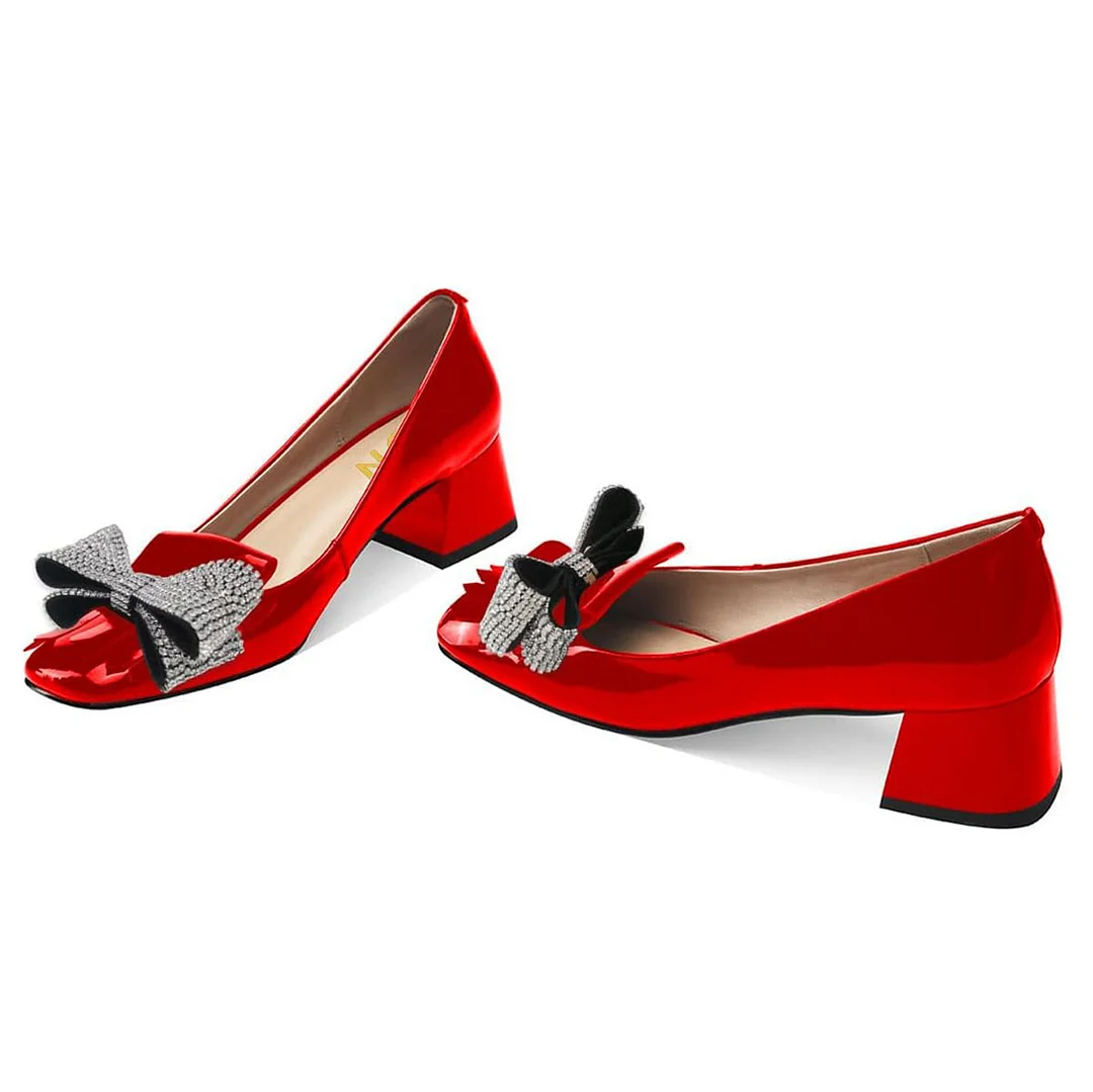 Red Square Toe Fringe Chunky Heel Rhinestone Bow Pumps Shoes