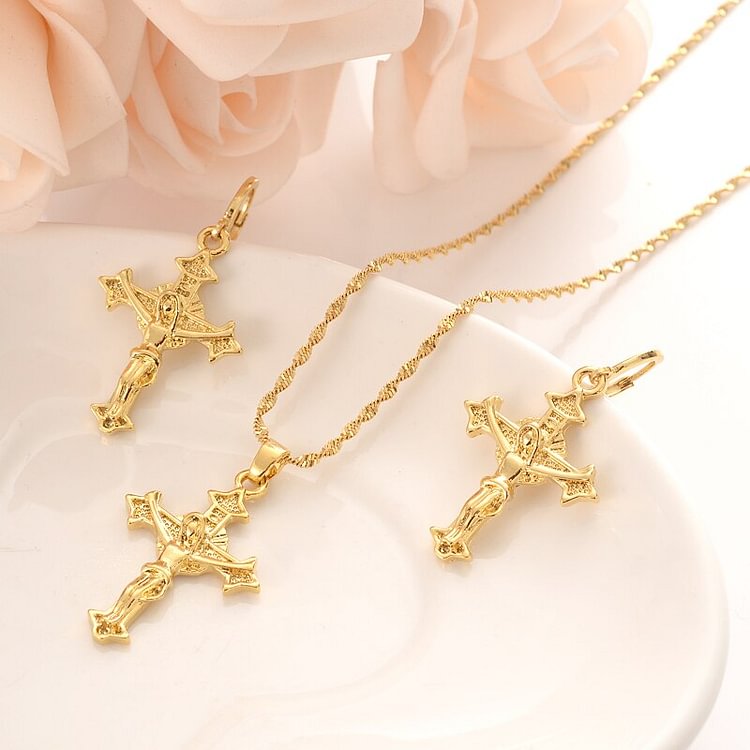 gold  cross Pendant Necklace chain Earrings sets Jewelry Gold Christian jewelry sets