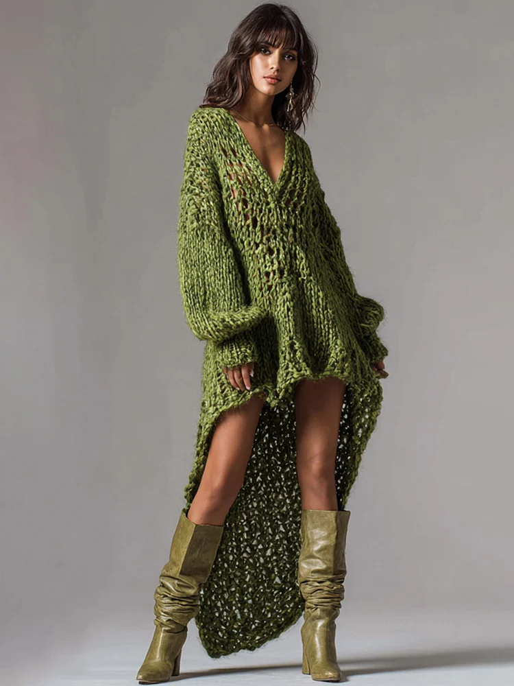 Ursime Party Army Green V Neck Long Sleeve Asymmetric Hem Western Rib Knit Mini Dresses [Pre-Order]