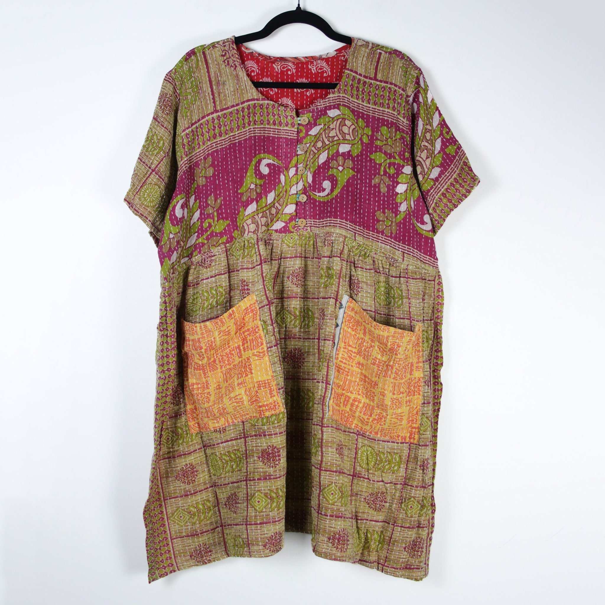 Women's Bohemian Floral Patchwork Art Short Sleeve Pocket Midi Dress wearshes