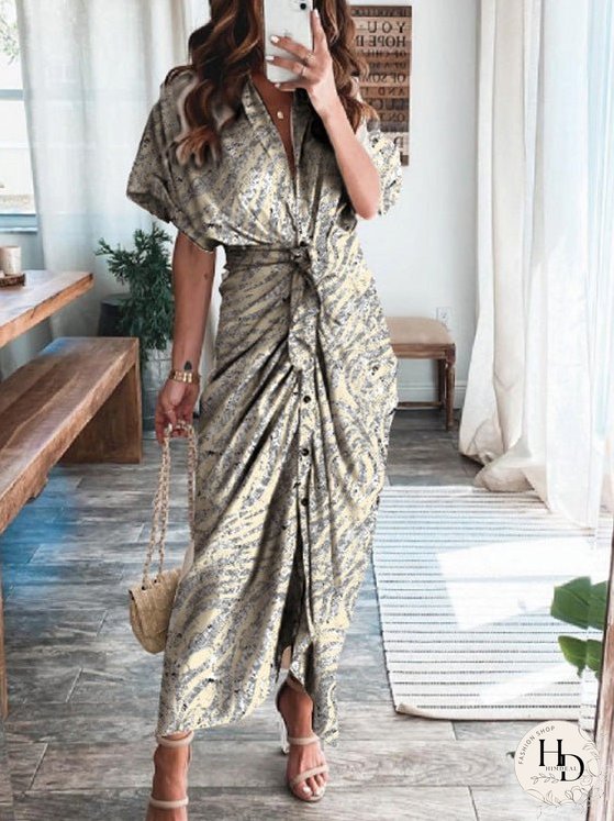 Dresses Textured Print Pleated Lace-Up Short Sleeve Dress for Women
