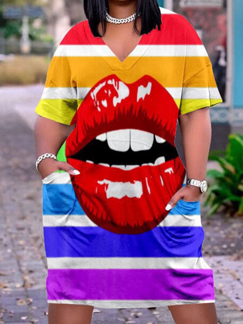 Raibow Stripe Lip Print V-neck Casual Plus Size Dress With Pockets