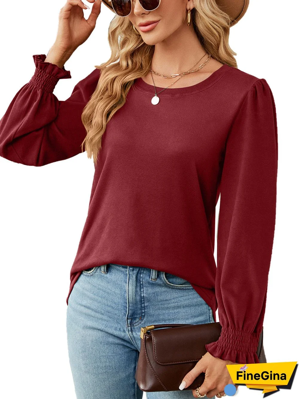 Women's Stitching Scoop Neck Long Sleeved Top