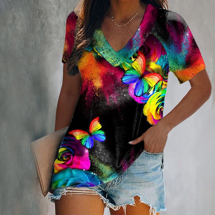 Black V-neck Rainbow Butterfly Printing Women's Cozy T-shirts