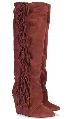 VCSHOES Women Knee High Suede Fringe Boots Black/White/Gray Platform Wedged Tall Boots Women Motorcycle Tassel Boots