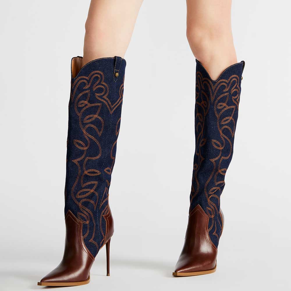 Brown & Navy Pointed Toe Stiletto Knee High Boots with Stitching