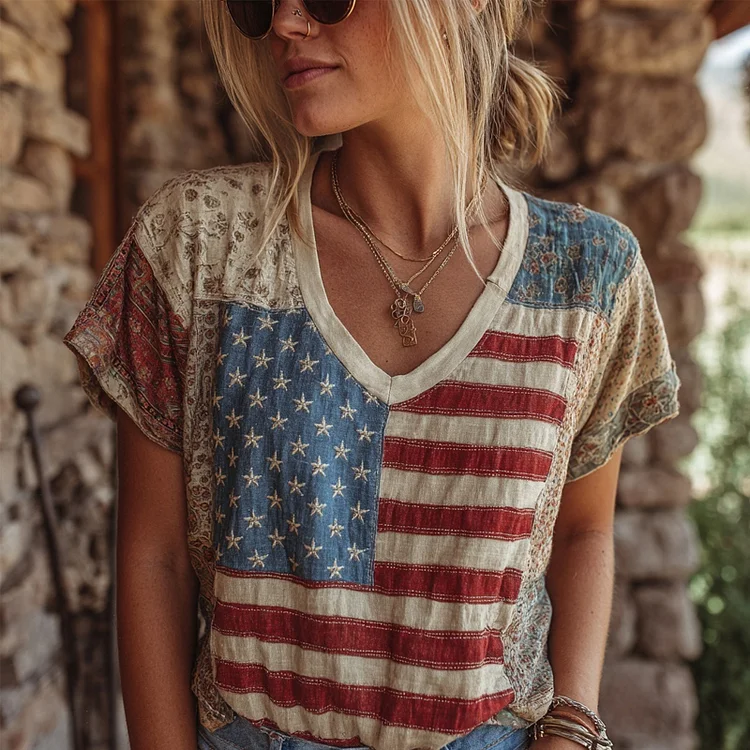 VChics Western American Flag Patchwork Vintage T Shirt