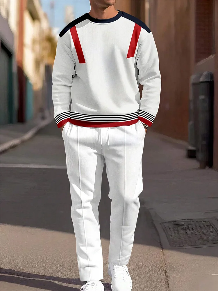 Men's White Simple Round Neck Casual Sports Set 042