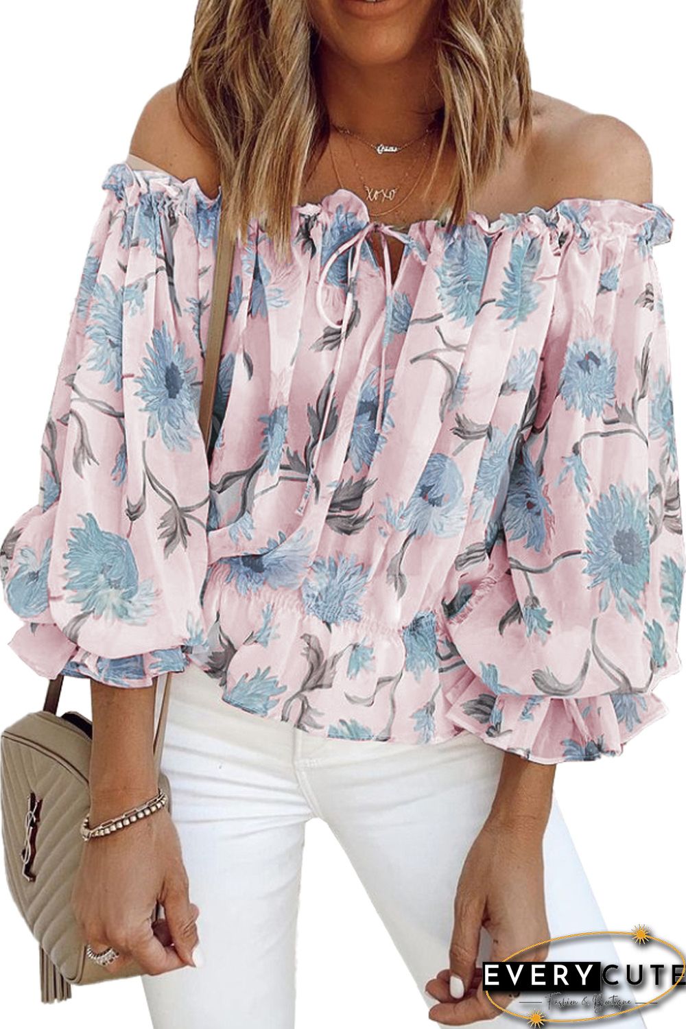 Pink Floral Print Off the Shoulder Blouse