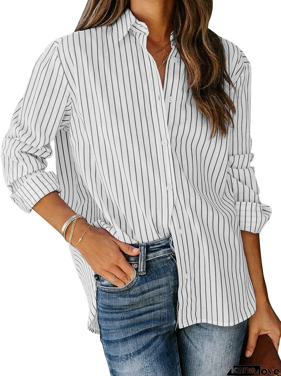 Light Grey Button Striped Three Quarter Length Sleeve Blouse