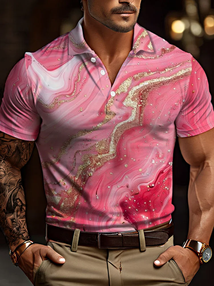 Pink Marble Art Liquid Pattern Printing Short Sleeve Polo BestDVibe