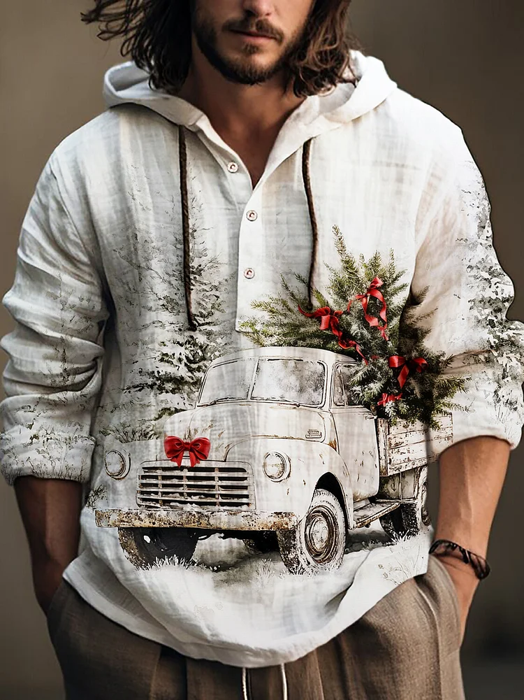 Men's Christmas Truck Carries Fir Trees Print Hooded Long Sleeve Shirt
