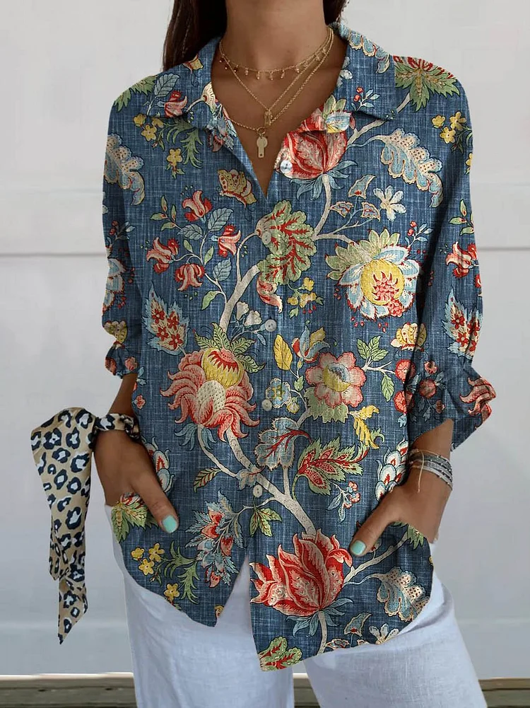 Women's Vintage Ethnic Floral Art Print Casual Linen V-neck Shirt