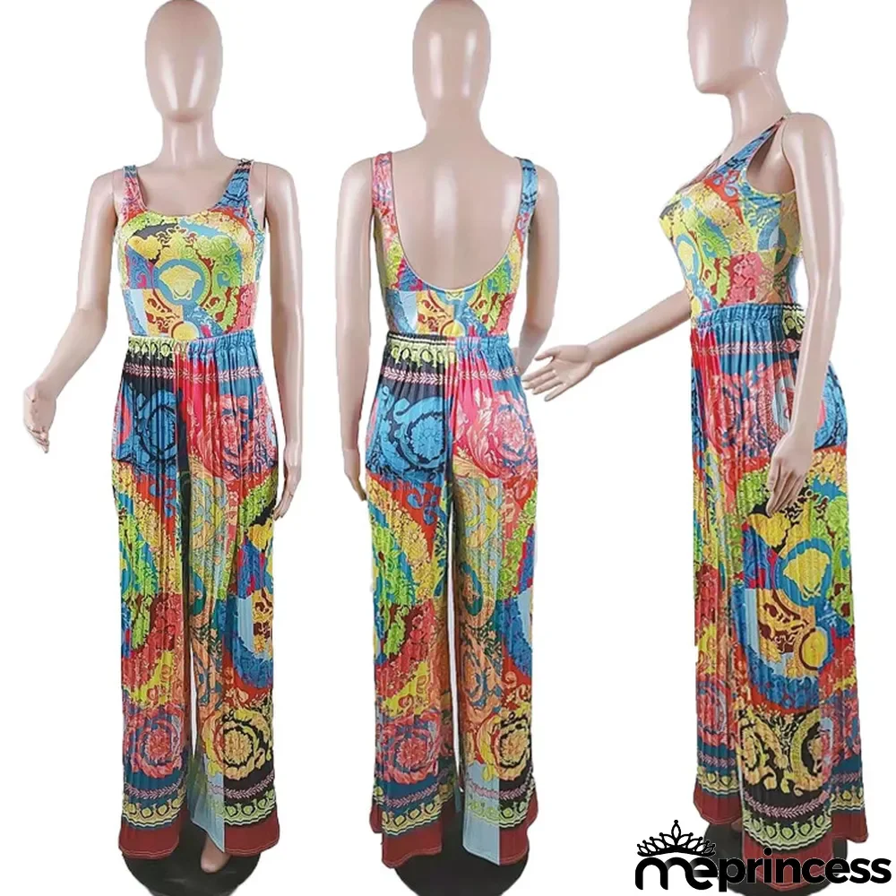 Plus Size Printed Casual Sleeveless Jumpsuits