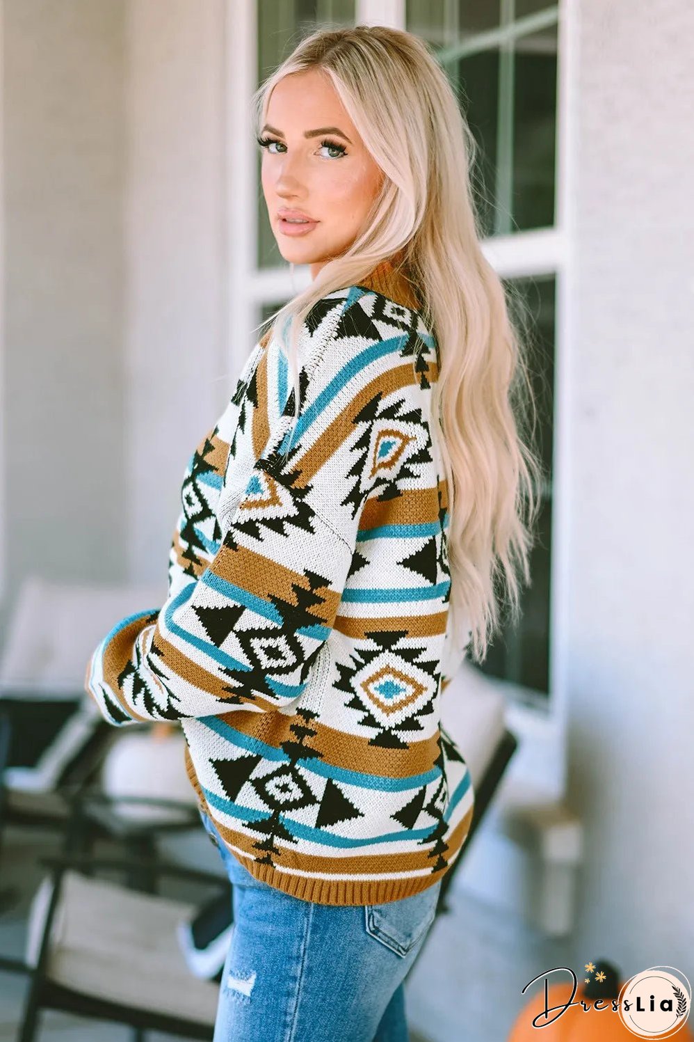 Full Size Geometric Round Neck Long Sleeve Sweater