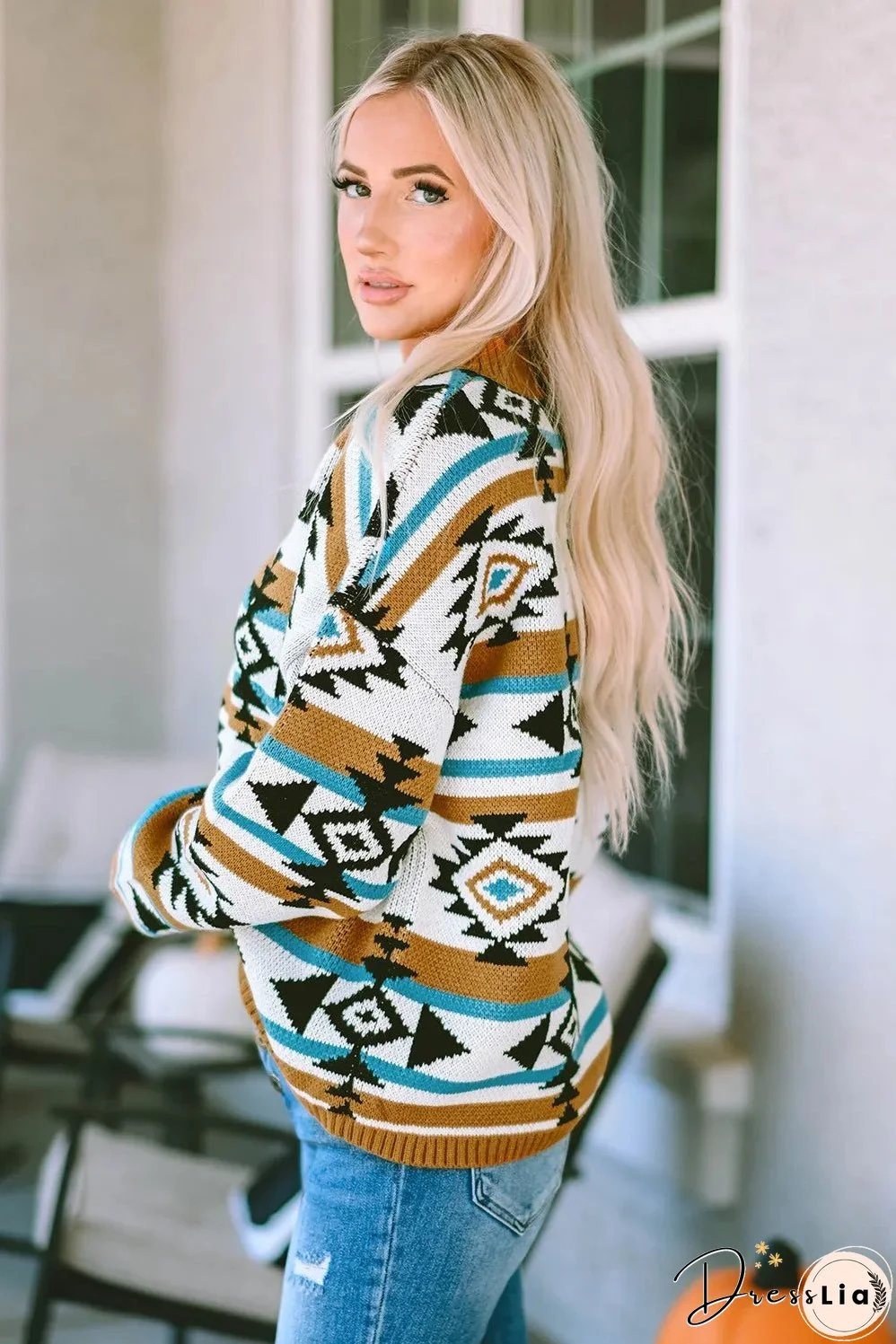 Full Size Geometric Round Neck Long Sleeve Sweater
