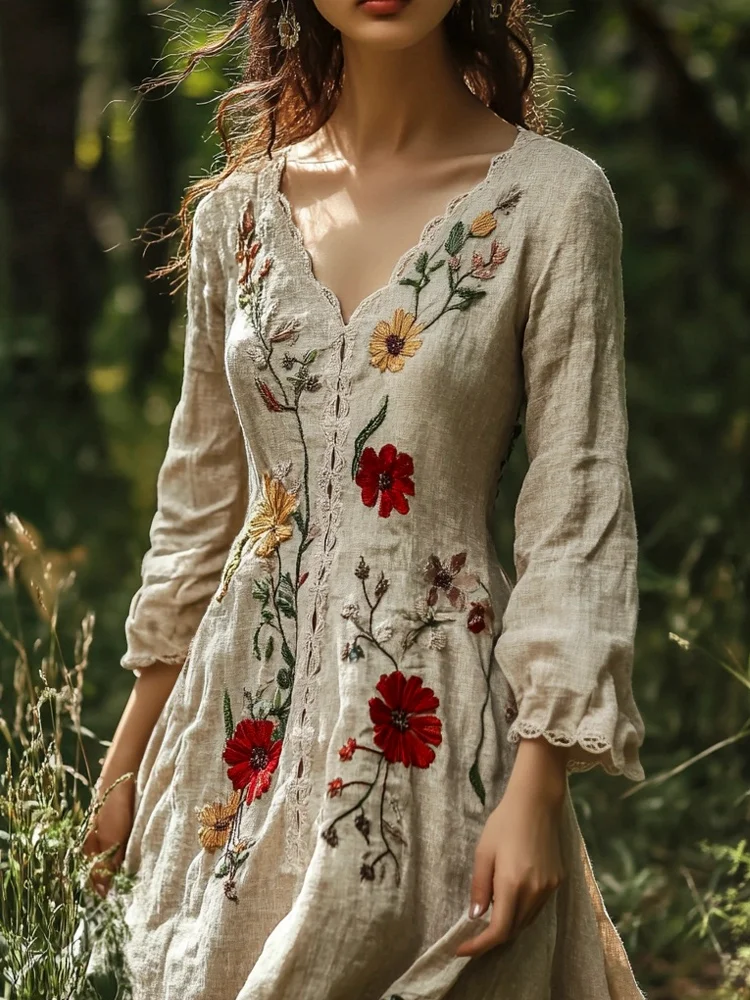Vintage Forest Floral Embroidery Art Women's Linen Flowy Maxi Dress