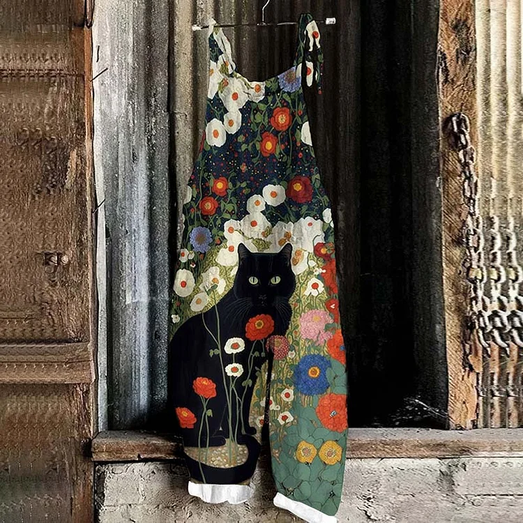 Vintage Black Cat In Garden Printed Casual Jumpsuit