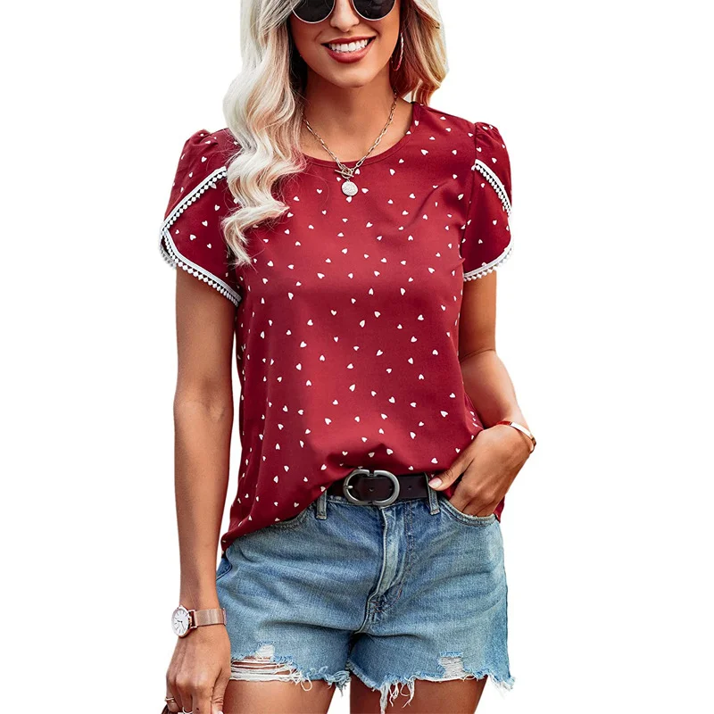 Lace-paneled polka-dot short-sleeved t-shirt