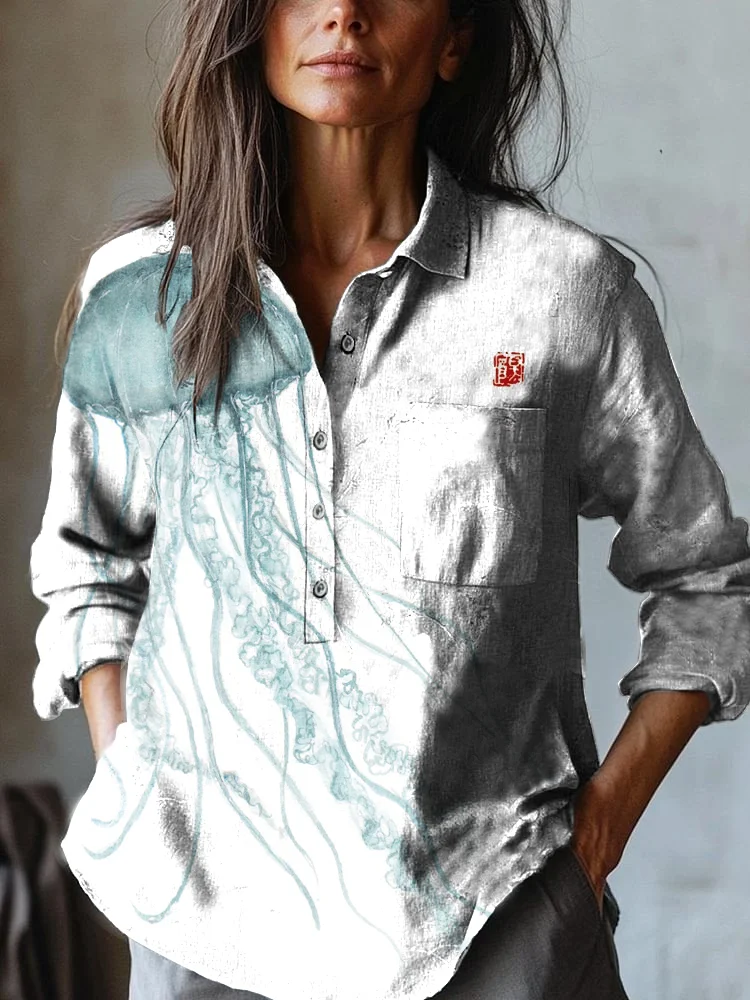 Women's Japanese Jellyfish Art Print Casual Cotton and Linen Shirt