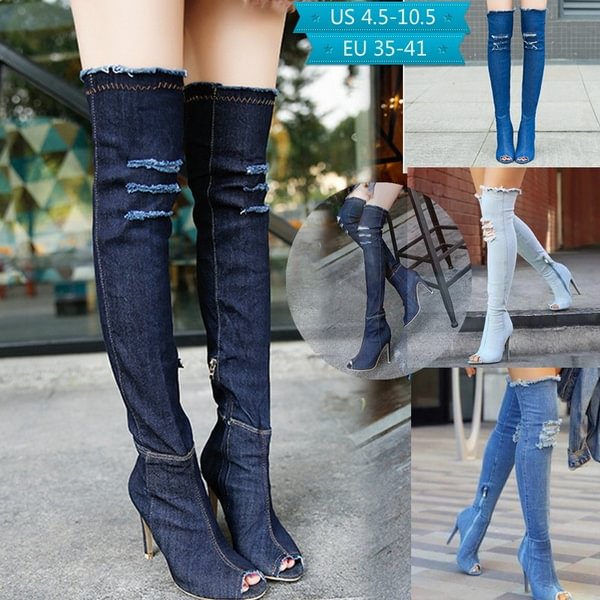 Fashion Women Winter Shoes High-Heeled Solid Color Long Boots Peep-toe Knee High Ladies Boots Denim clothing Casual Girl Cute Flats Boot Shoes Outdoor Non-slip Booties - Life is Beautiful for You - SheChoic