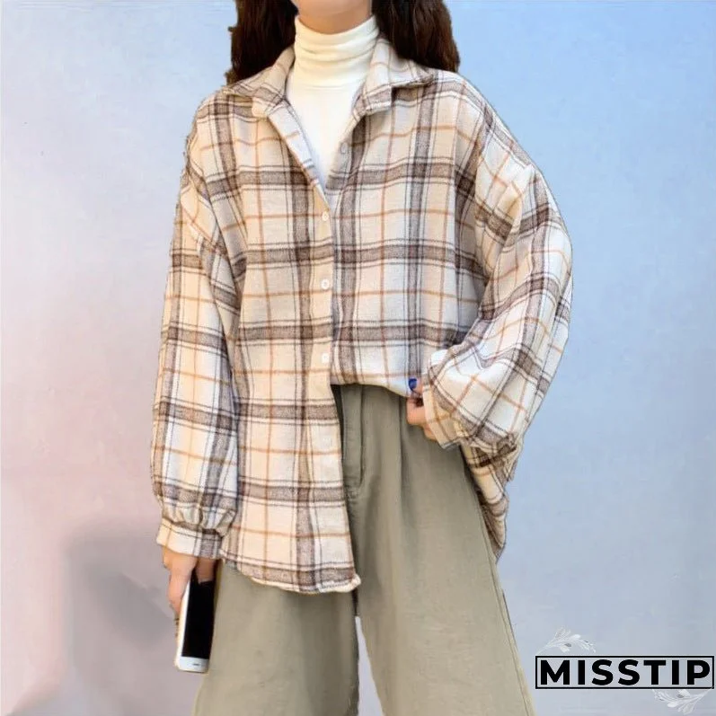 Women's Plaid Long-sleeved Shirt Autumn Korean Loose Blouses