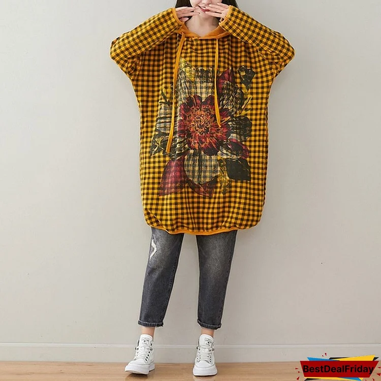Baggy Hooded Pullovers Oversized Knitted Cotton Sweatshirt Ladies Plus Size Print Pullovers Baggy Robe Bat Sleeve Hoodies Tops