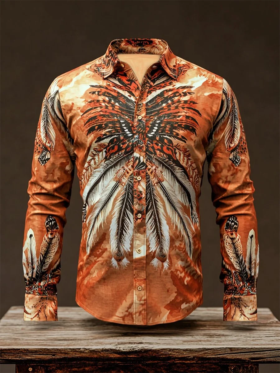 Men's Retro Casual Western Ethnic Print Long Sleeve Shirt 