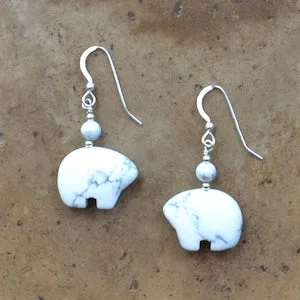 pornhint Pornhint Zuni Fetish style White Howlite Bear Earrings, beaded with Sterling Silver
