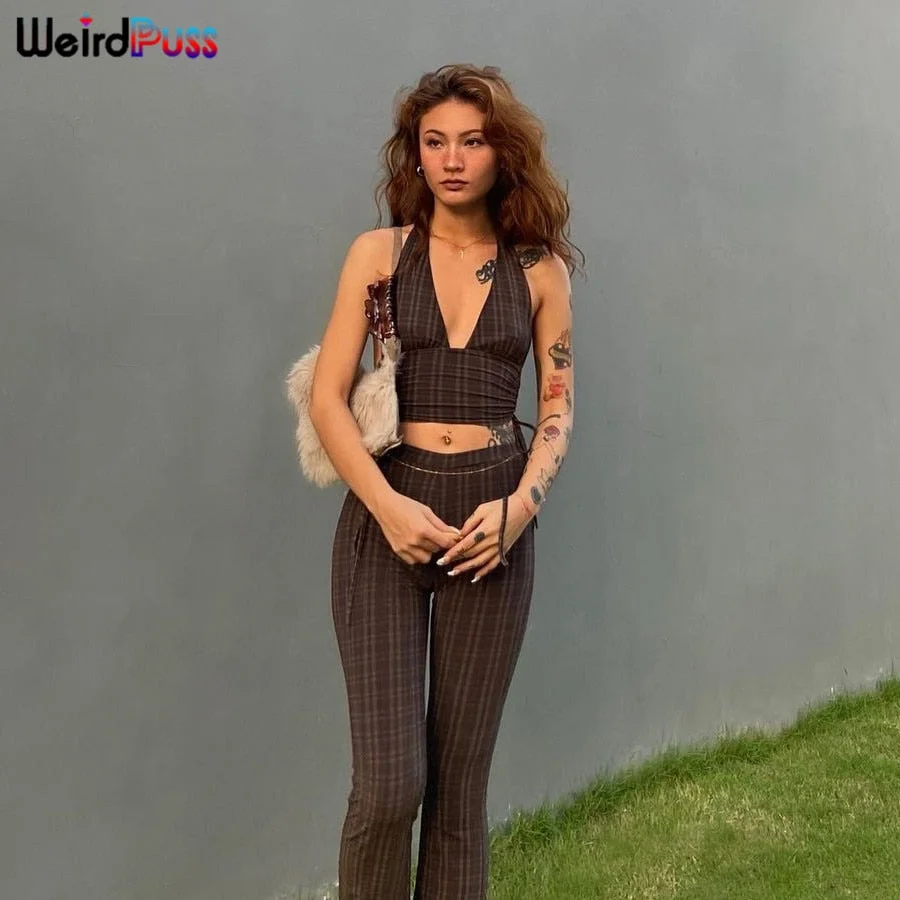 Weird Puss High Waist Straight Pants E-Girl Striped Print Women Skinny Fashion Y2K Streetwear Elegant Slim Thin Long Trousers