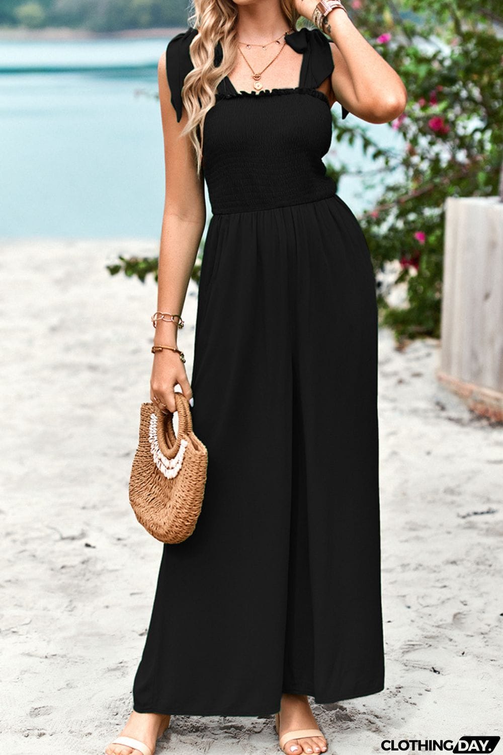 Frill Trim Tie Shoulder Wide Leg Jumpsuit with Pockets