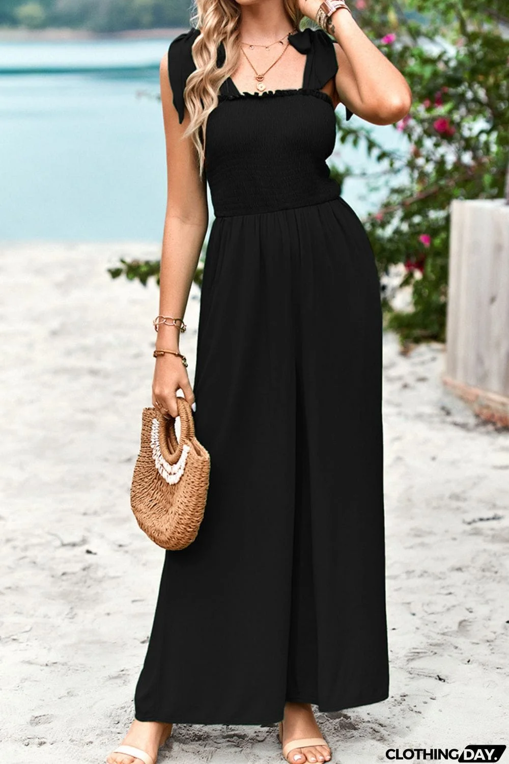 Frill Trim Tie Shoulder Wide Leg Jumpsuit with Pockets