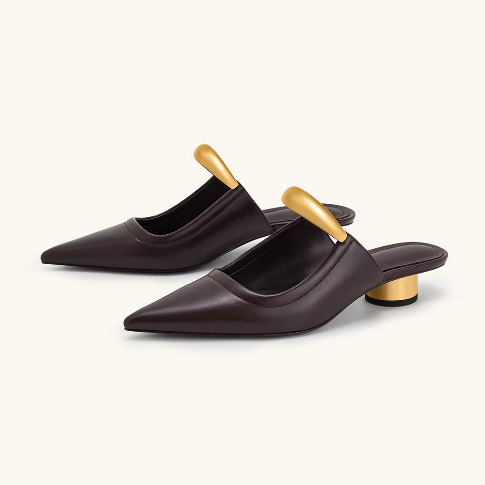 Dark Chocolate Brown Cylinder Heel Mules Shoes with Metal Strap