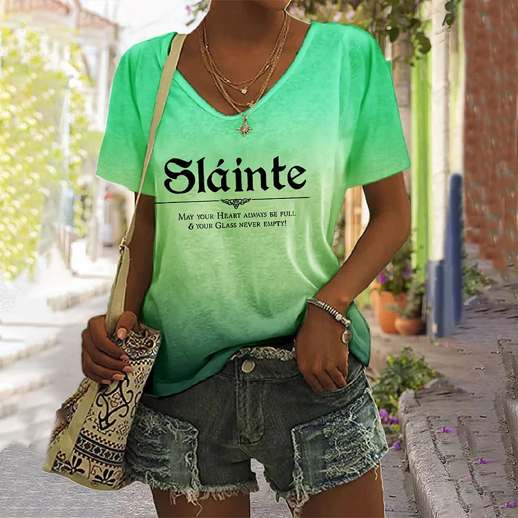 Wearshes Slainte St. Patrick's Day Printed V-Neck T-Shirt