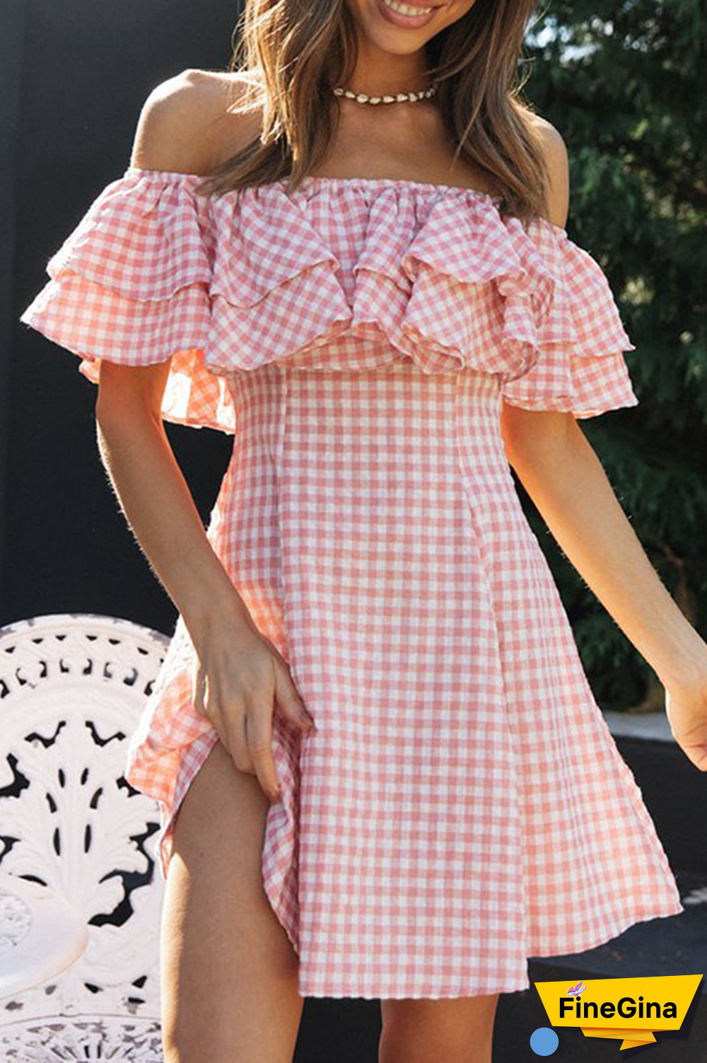 Fashion Sweet Plaid Split Joint Flounce Off The Shoulder A Line Dresses