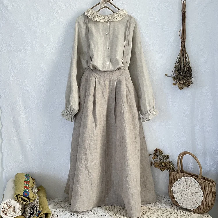 Queenfunky cottagecore style Cute Linen Top + Overall Skirt QueenFunky