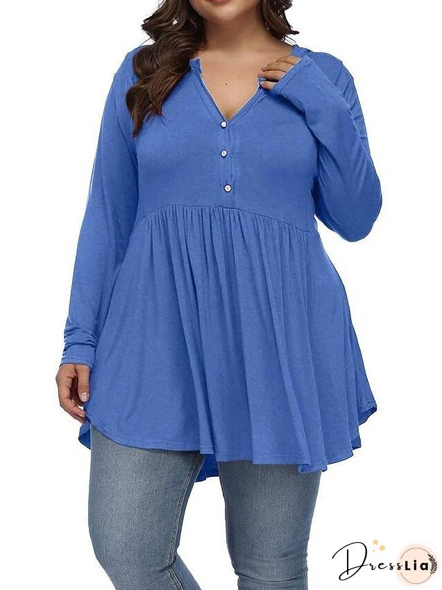 T shirt Tee Light Blue claret Deep Purple Plain Button Flowing tunic Long Sleeve Daily Weekend Basic V Neck Long Plus Size L for Women