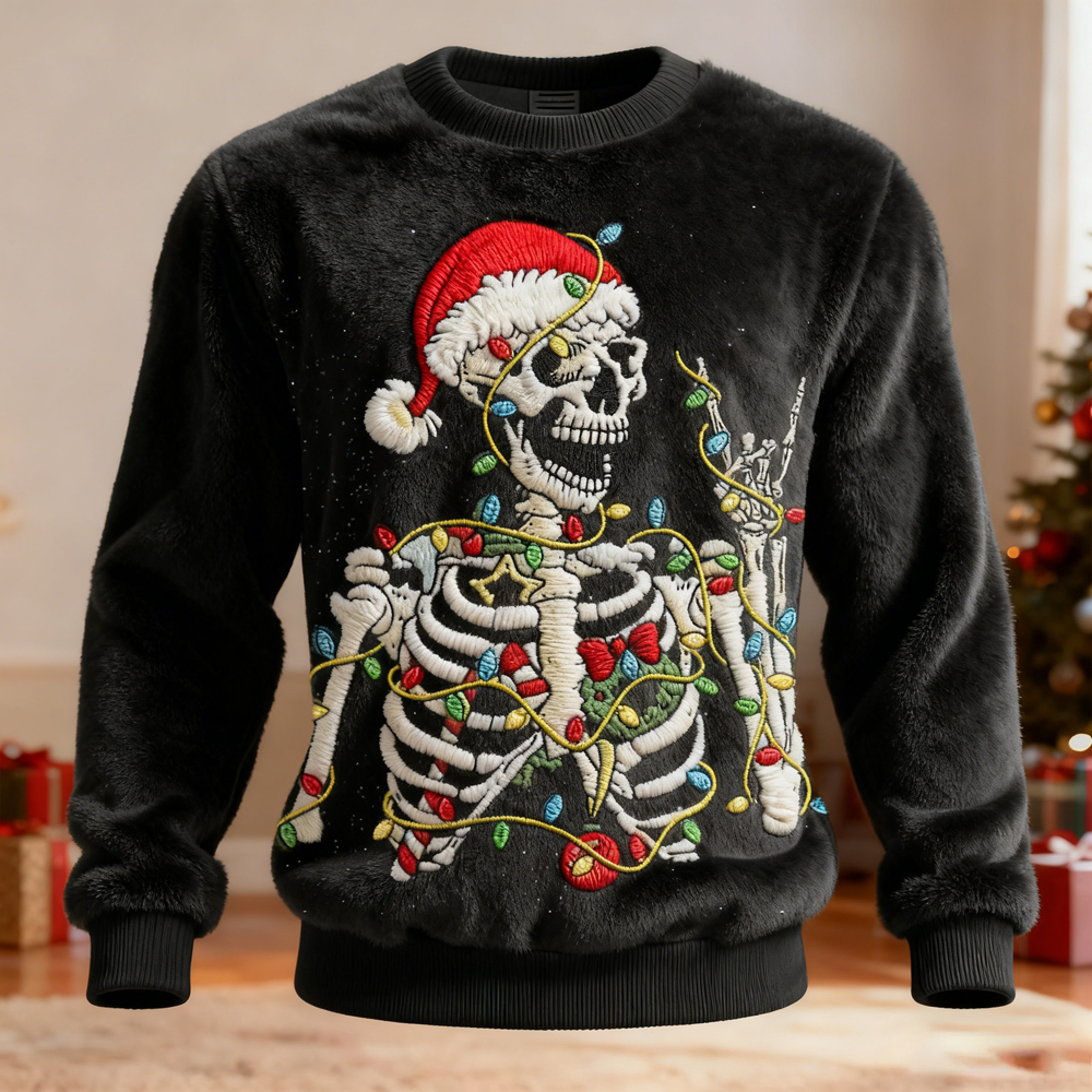 Men's Christmas Skeleton Embroidered Cozy Plush Sweatshirt elevenforest