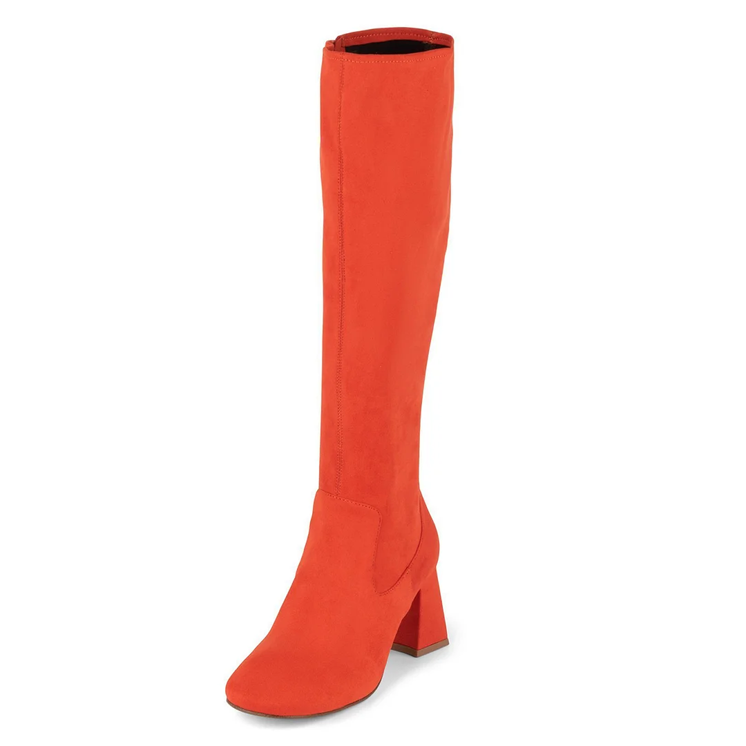 Vegan Suede Chunky Heel Round Toe Zipper Knee High Boots in Orange