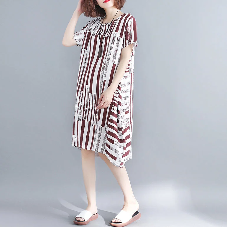 fashion red pure cotton blended dress plus size holiday dresses women short sleeve Geometric O neck asymmetric cotton blended clothing